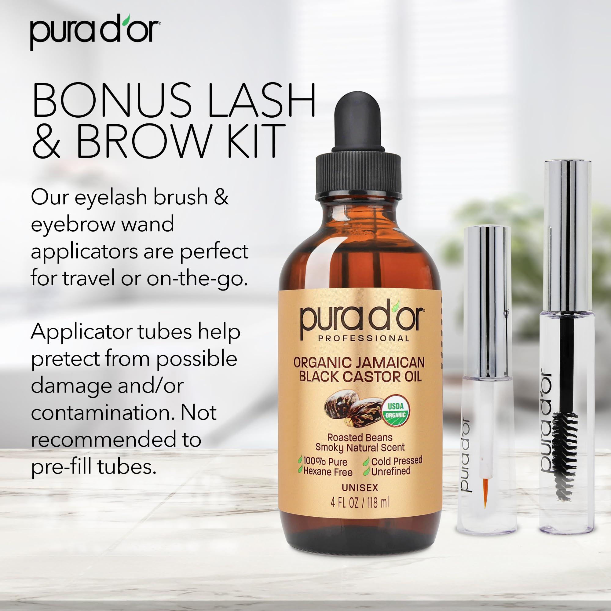 PURA D\'OR PURA D\'OR 4 Oz ORGANIC Jamaican Black Castor Oil - Natural Smoky Scent - w/ 2 BONUS Empty Brushes - 100% Pure USDA Certified Cold Pressed & Roasted, Hexane Free Eyelash & Eyebrow Serum