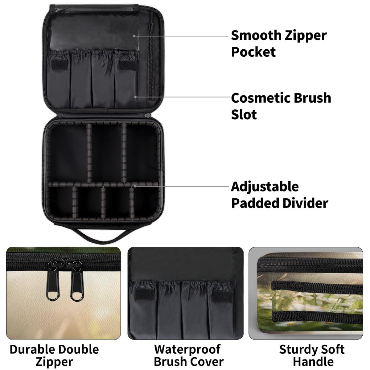 Funky Qiu Funky Qiu Daisy Flower Field Travel Makeup Train Case Makeup Comestic Bag Organizer Portable Artist Comestic Brush Organizer with Adjustable Dividers for Woman Girls