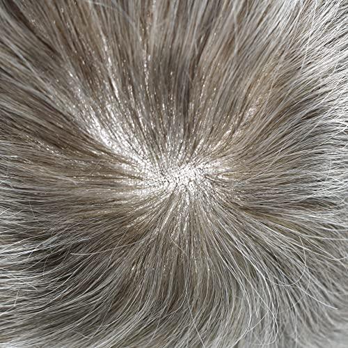 Generic Gray Toupee For Men European Human Hair Piece Swiss Lace Front Mens Toupee Bleached Knots Natural Hairline Gray White Hair Replacement System For Men. (8x10\'\'-100% Light Med-Light Density, 370# Dark Brown with 70% Synthetic Gray)