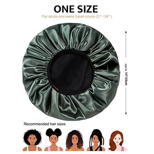 Hat Hut HAT HUT Satin Silk Bonnet for Curly Hair Sleep Cap for Women Sleeping Adjustable Hair Bonnet with Pattern Double Layer (OLIVE GREEN)