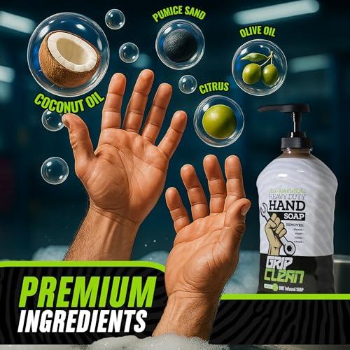 Grip Clean Grip Clean Squeeze Bottle & Brush Combo - Heavy-Duty Degreaser Hand Cleaner & Nail Brush Set - Tackle Grease, Oil, & Grime with Natural Pumice Soap & Nail Cleaning Scrub for Clean Hands & Nails