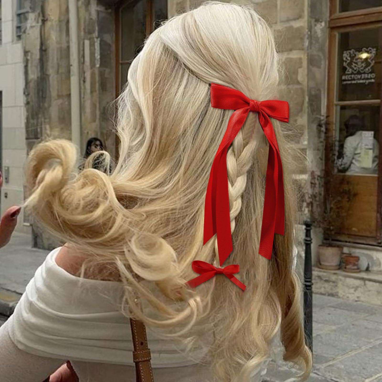 TOKUFAGU 20PCS Red Hair Bows for Women, Hair Ribbons for Girls Hair, 12PCS Long Tassel Bowknot Ponytail Holder and 8PCS Short Tail Hair Clips, Solid Silky Hair Barrettes Satin Hair Accessories