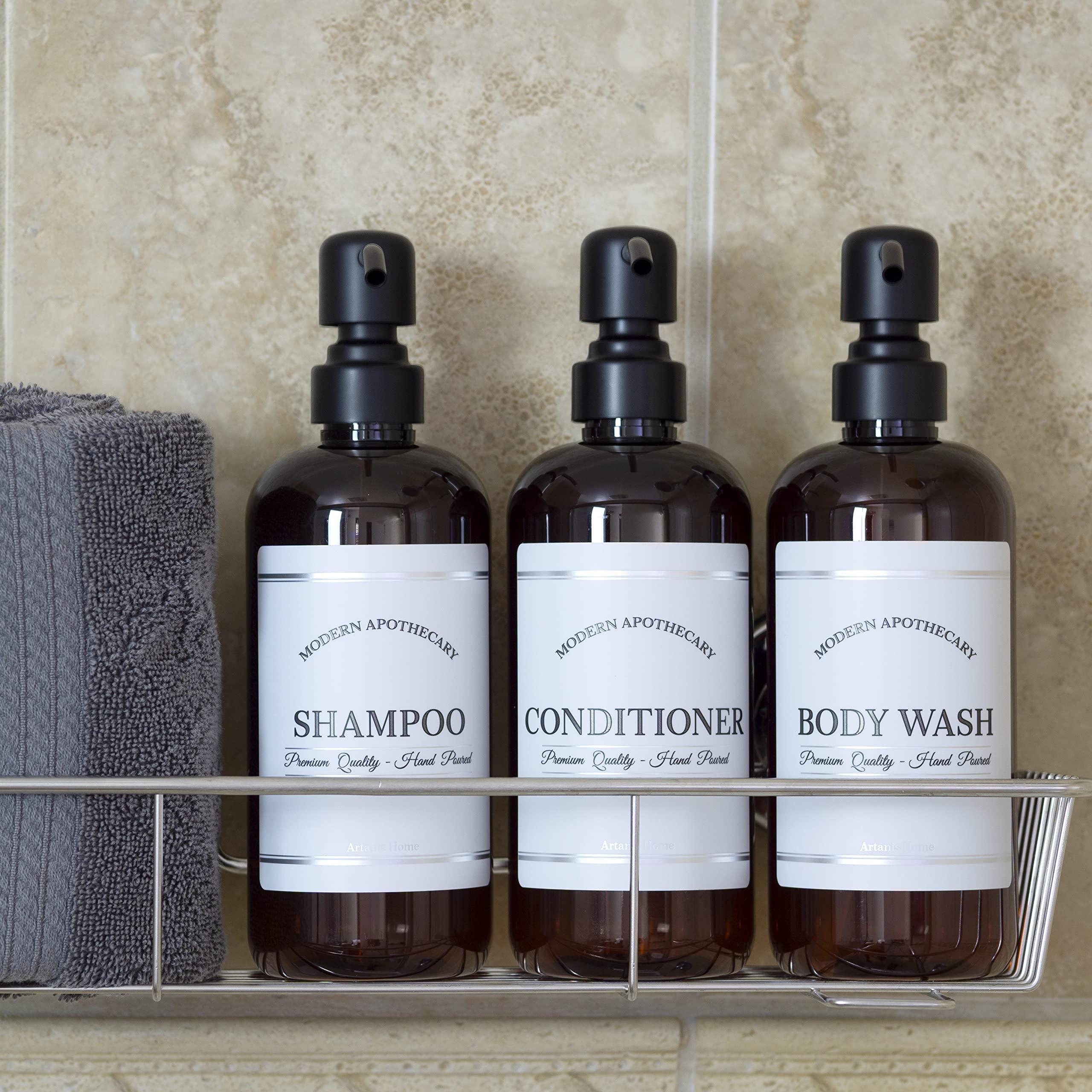Artanis Home Amber Refillable Shampoo and Conditioner Bottles - Body Wash, Shampoo and Conditioner Dispenser - PET Plastic Shampoo Bottles Refillable with Pump - Waterproof Labels - 16 oz, 3 Pack (Black Satin)