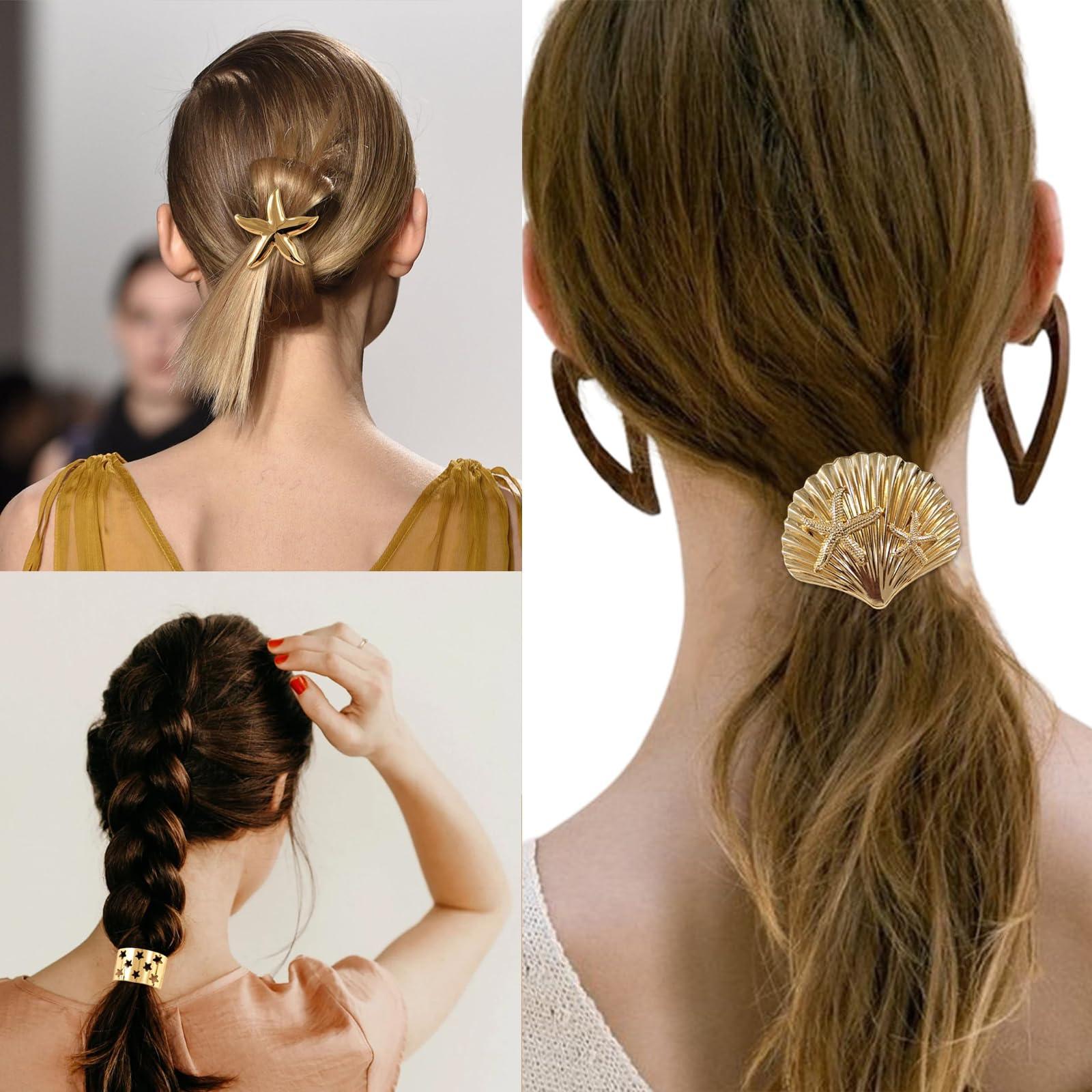 Yilotosnice Metal Hair Tie, Gold Ponytail Cuff, Gold Hair Cuffs, Gold Hair Ties, Gold Hair Tie Cuff For Thick Hair, Gold Hair Accessories For Women (4PC-A)