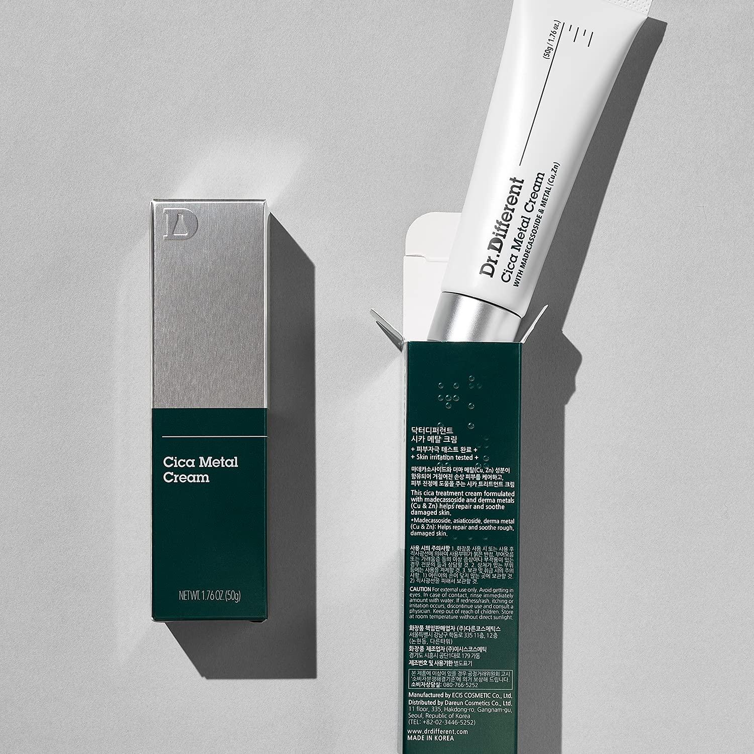 Dr.Different Dr.Different Cica Metal Cream - Madecassoside Soothing Face Cream for Damaged Skin, Repairing and Regenerating with Copper and Zinc, PH Balancing Treatment for Sensitive Skin, 1.69 fl.oz.