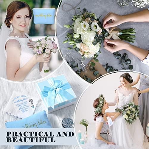 Fumete Set of 5 Something Blue Wedding Gift for Bride to My Best Friend Wedding Embroidered Handkerchief Angel Bouquet Charm Something Blue Bridal Cosmetic Bag Diamond Compact Mirror Blue Raffia Gift Box