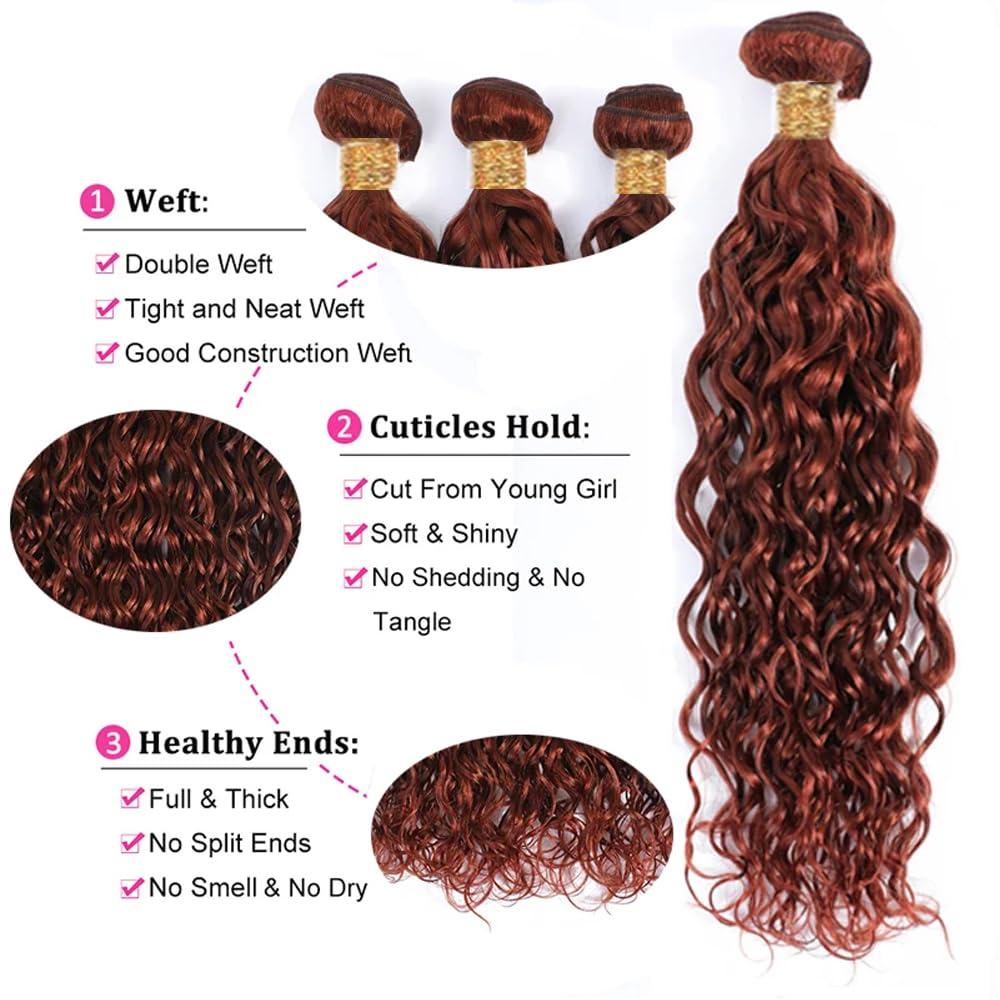 HuxoWax Copper Red Water Wave Bundles Human Hair Brown Human Hair Bundles Peruvian Virgin Hair 3 Bundles 16 18 20 Inch Reddish Brown Bundles Auburn Brown Bundle Color #33 Bundles 300g