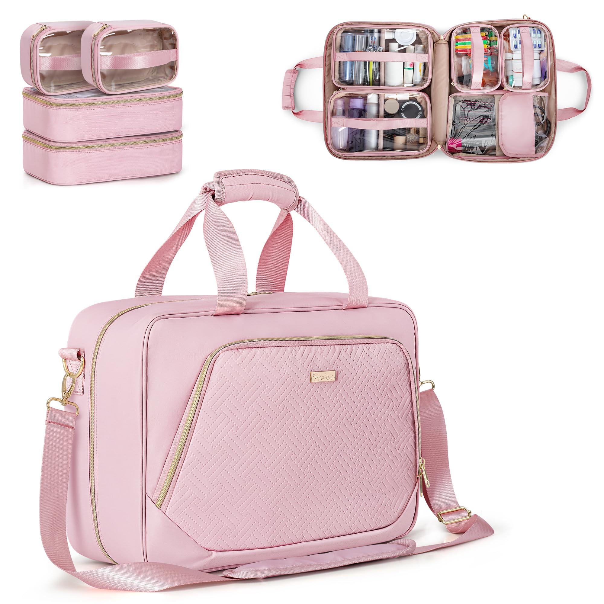 Prokva Prokva Extra Large Toiletry Bag for Women with 4 Individual Cases, Large Travel Makeup Organizer Bag with Hair Tool Pocket and Makeup Brushes Compartment, Pink