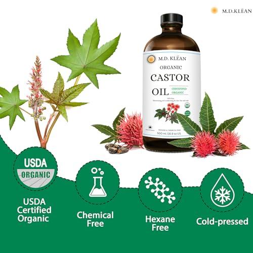 M.D. KLEAN M.D. KLEAN Castor Oil Organic (500ml) Cold Pressed Unrefined Amber Glass Bottle, Hexane Free, Extra Virgin - Strengthens And Grows Thicker Lashes & Brows - USDA Certifided 100% Pure Organic