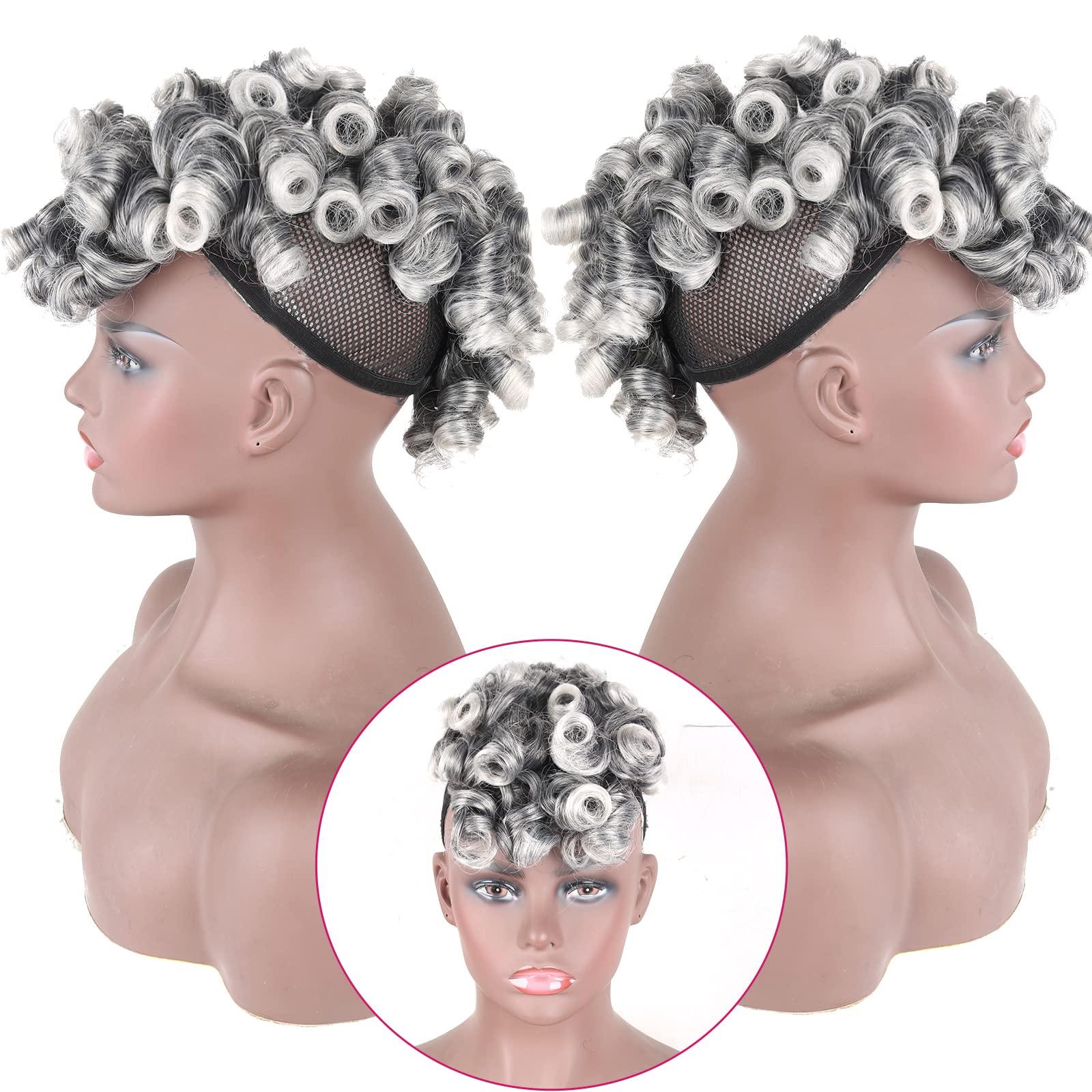 Oseti Oseti Deep Curl Mohawk Wig with Bangs for Black Women Short Mix Gray Hair Wig, Afro Faux Hawk Clip in Hair Pieces for Women with Thinning Hair wig Clip on Faux Bangs Fake Hair Ponytail (1B/Gray)