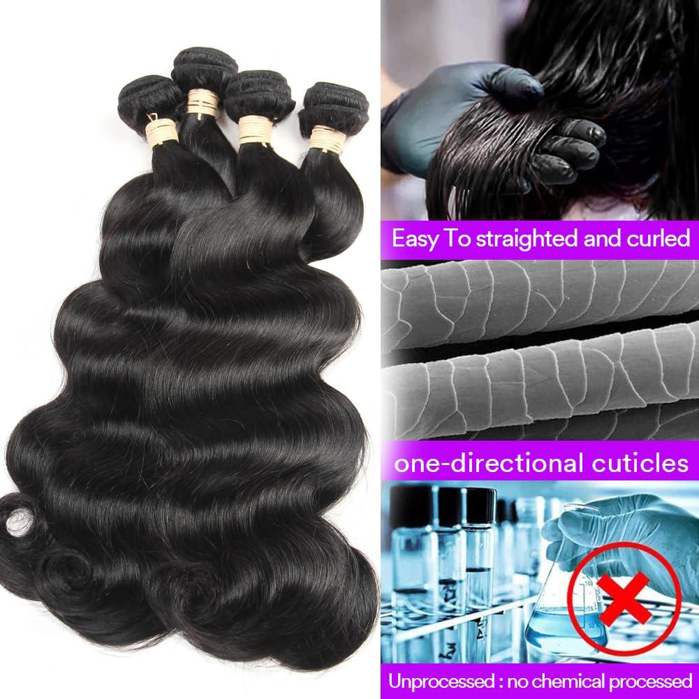 Yifute Human Hair Bundles Body Wave 4 Bundles (22 20 18 16 inches) 100% Brazilian Unprocessed Body Wavy Bundles Human Hair 10A Natural Black Weave Hair Extensions for Women