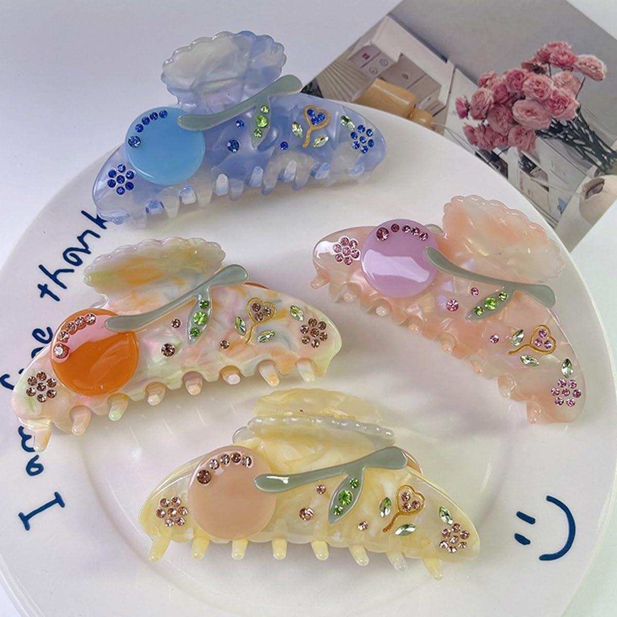 OMG Decor Flower with Diamond Hair Clips,Cellulose Acetate Hair Clips,Small Claw Clips for Girl,Hair Accessories,Pink