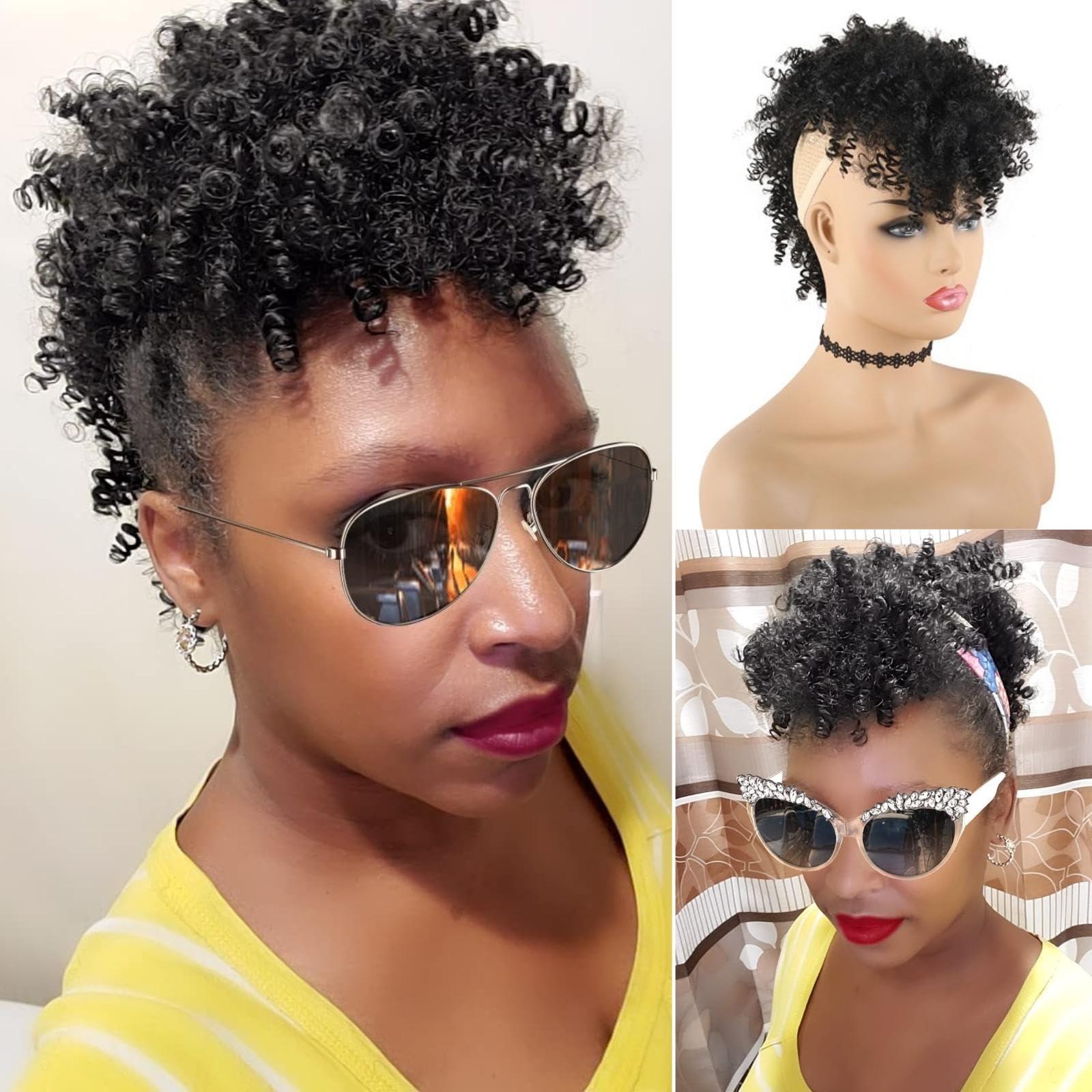 Oseti Oseti Curly Afro Mohawk Wig Faux Hawk Clip in Hair Extension for Black Women, Jerry Curly Mohawk Synthetic Clip on Mohawk Ponytail Wigs Black Fake Mohawk Pony Tail Clip on Hairpiece for Women(1B)