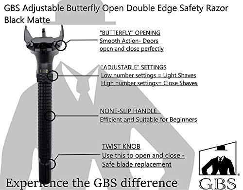 G.B.S G.B.S Men's Grooming Set - Double Edge Safety Razor Rubber Coated Butterfly Non-Slip Long Razor, All-Natural Soap, Synthetic Brush Stand, Ceramic Mug, Includes 15 DE Blades
