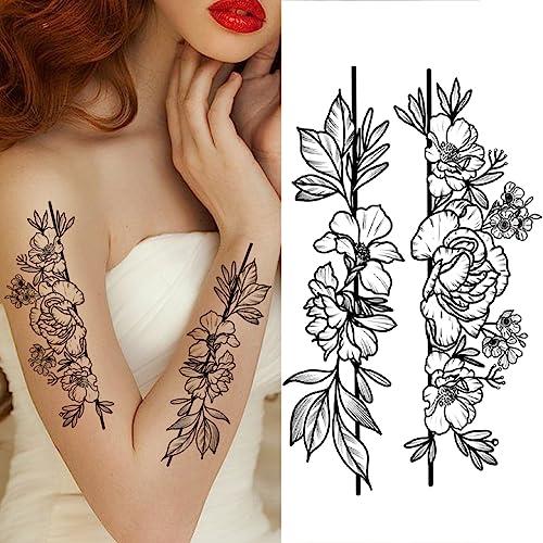 TTHUONG THATHU Sexy Waist Shark Whale Peony Flower Temporary Tattoo For Women Adult Black Wings Dahlia Flora Tattoo Sticker Tatoo