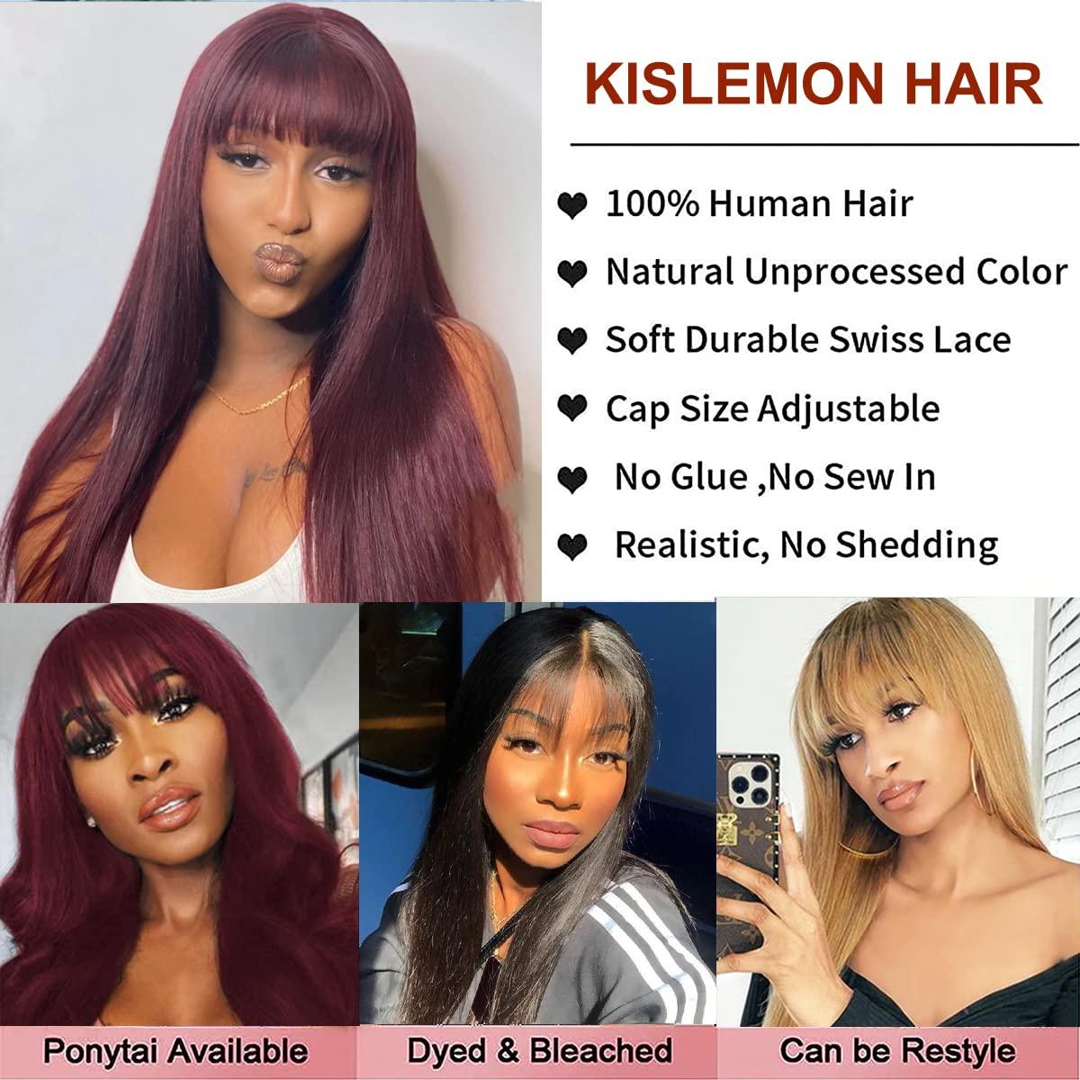 Kislemon Burgundy Wig Human Hair Red Wigs with Bangs Brazilian Virgin Straight Wig with Bangs Full Machine Made None Lace Front Wigs For Black Women 16 Inch