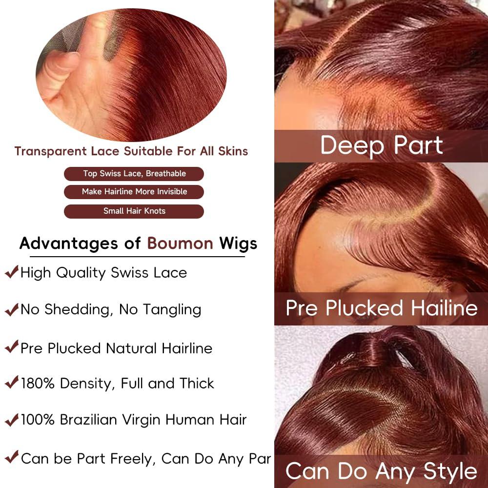 Boumon Reddish Brown Lace Front Wigs Human Hair Pre Plucked 200% Density Body Wave Lace Front Wigs Human Hair For Women 13x4 HD Lace Frontal Wig Glueless Reddish Brown Wig 22 Inch