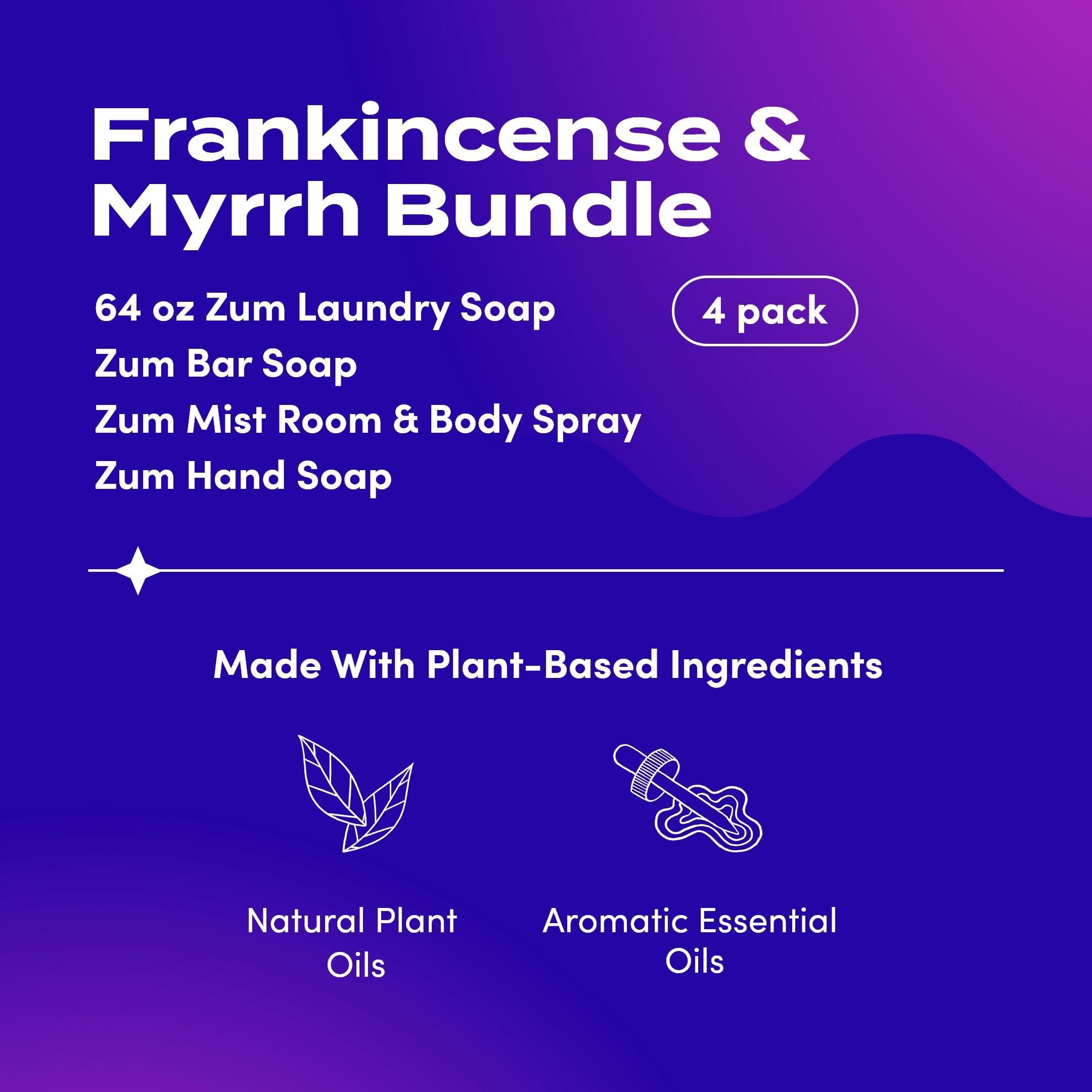 Zum Zum Indigo Wild Home Essentials - Laundry Soap (64 oz) - Liquid Hand Soap (12 fl oz) - Room Spray Air Freshener (4 fl oz) - Goat Milk Soap Bar (3 oz) - Frankincense & Myrrh Scent