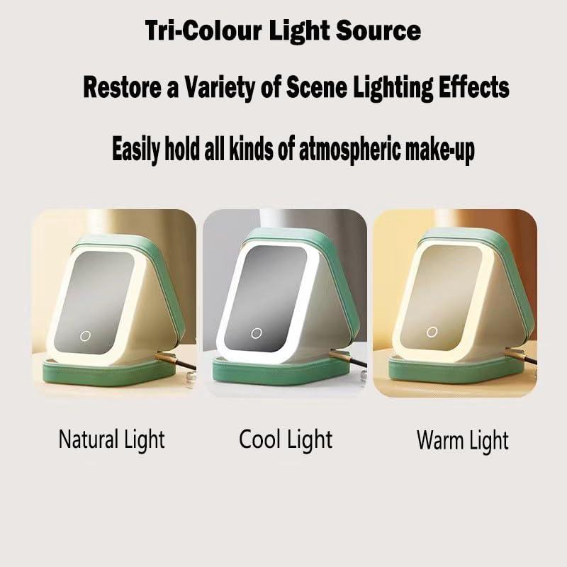 AZUNGME AZUNGME LED Three-Color Adjustable Makeup Mirror, Rechargeable Lighted Makeup Mirror, LED Vanity Mirror Jewelry Box, Portable Cosmetics Case, Travel Makeup Bag with LED Mirror(Green)