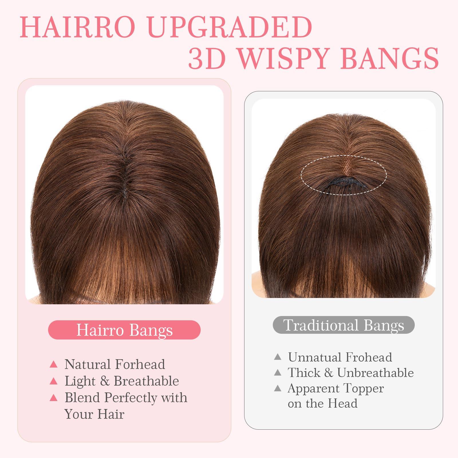 Hairro Hairro Clip in Bangs 100% Real Human Hair, Wispy Bangs 360 Cover 3D Clip on Hair for Women, Fake Bangs Air Bangs for Daily Wear Hairpieces Hair Extensions, 8 Inch Dark Brown