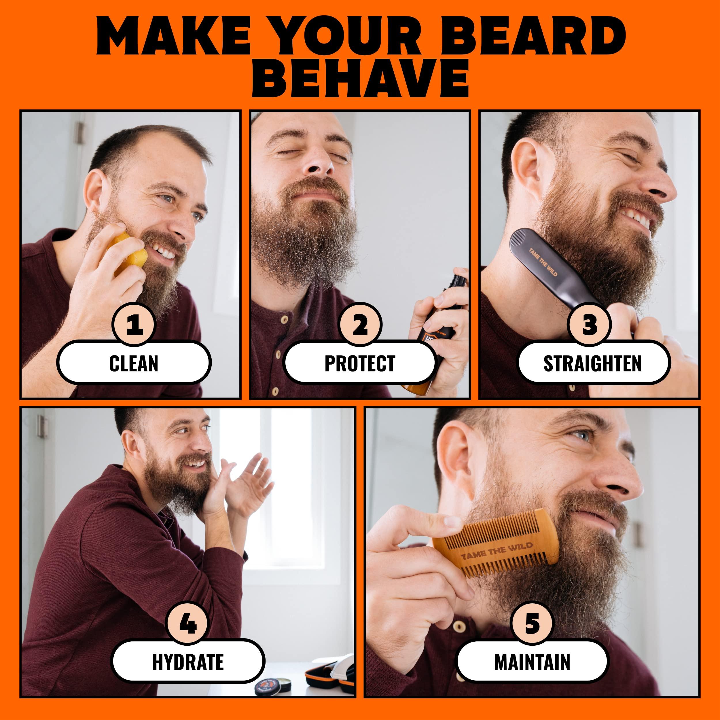 TAME THE WILD MAKE YOUR BEARD BEHAVE Tame the Wild Premium Beard Straightener Kit - Heated Beard Brush for Men - Beard Straightener Comb - Beard Grooming Kit: Beard Heat Protectant Spray, Beard Soap, Beard Balm, Wooden Comb, Storage Case