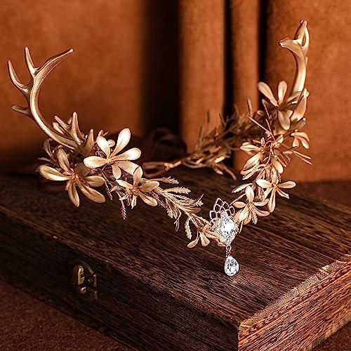 MOSTORY MOSTORY Gold Fairy Antler Crown - Woodland Flower Deer Horns Headpiece Elf Forest Ciecle for Women Renaissance Cosplay Ren Faire Outfit Hallween Costume