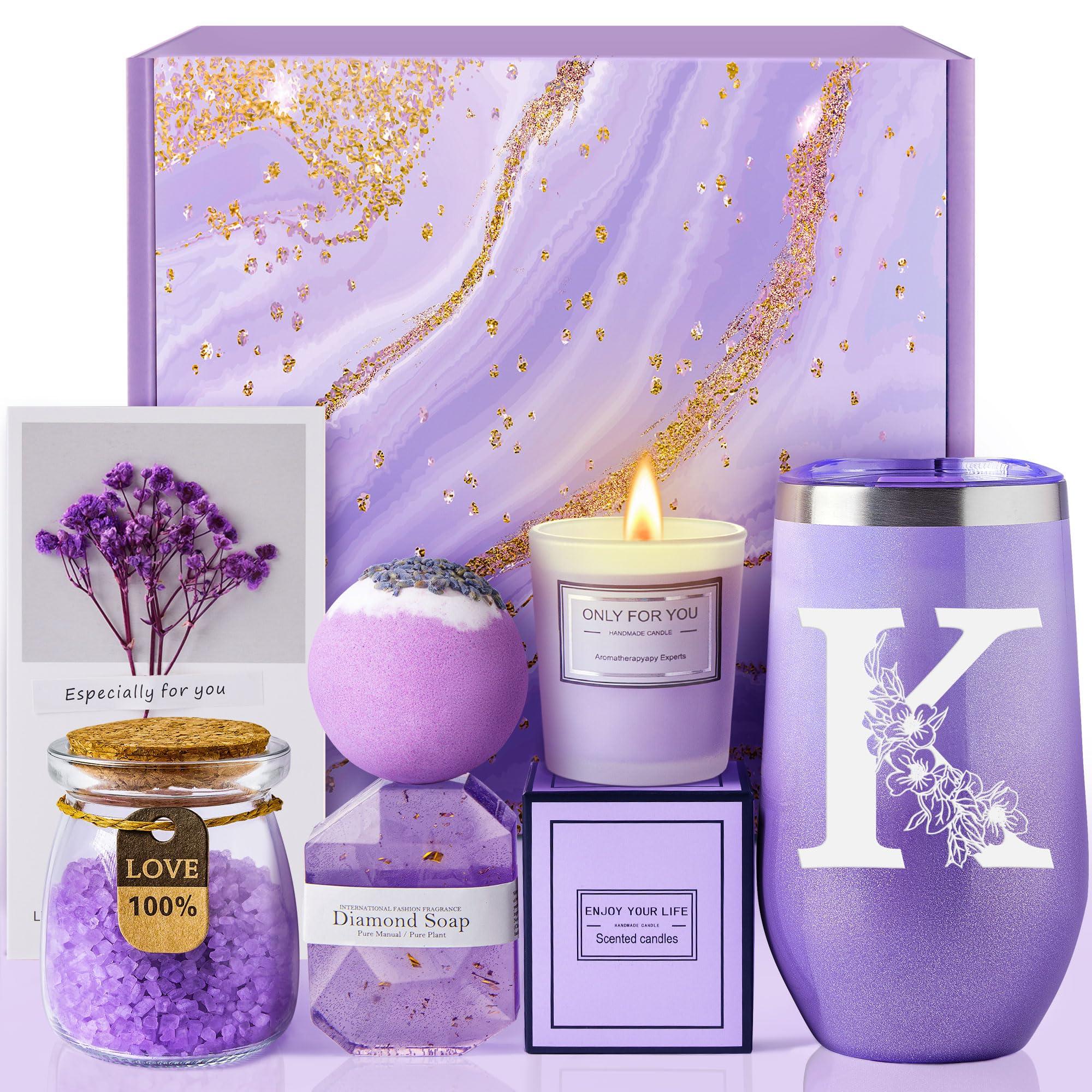 MADDIFY Gifts for Women, Mom, Wife, Girlfriend, Sister, Friends, Her - Unique Birthday, Christmas, Valentine\'s Day, Mothers Day Gifts - Initial Lavender Spa Gift Basket Set (K)