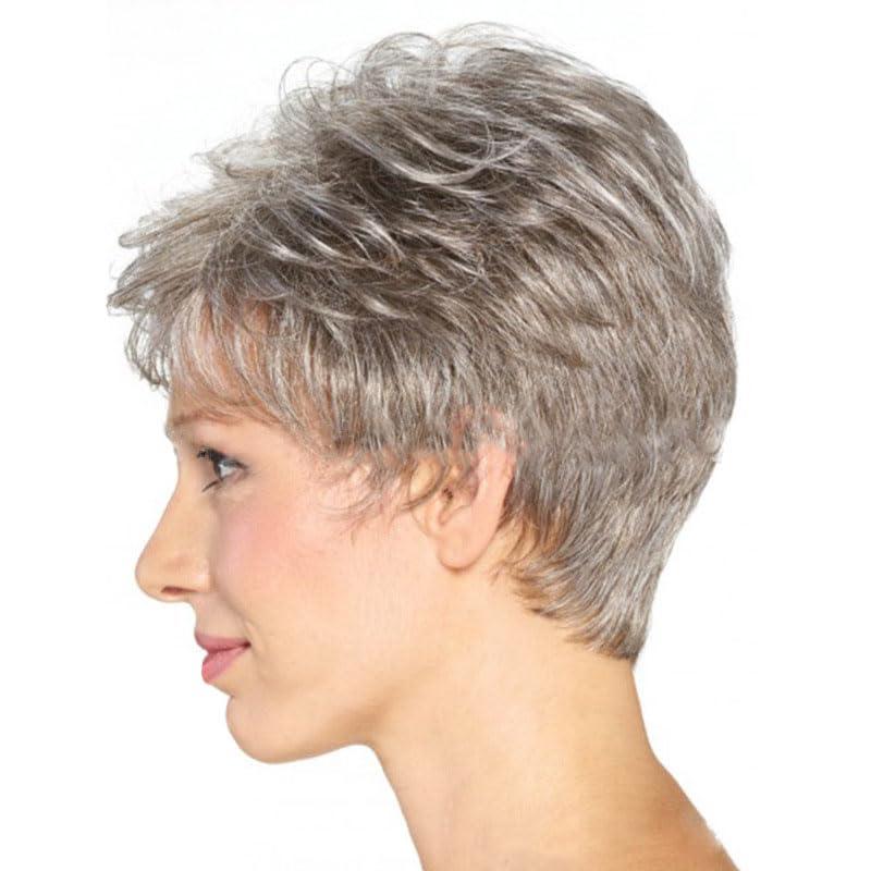 DKE&YMQ Gray Wigs for Women, Not Easy To Deform Temperament Women\'s Gray Short Wig with Bangs,Puffy Natural Shape Gray Short Curly Wig Is Suitable for Middle-aged and Elderly Women\'s Daily Use of Wigs