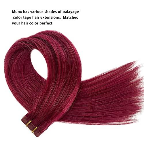 Munx Burgundy Tape in Hair Extension 24inch 20pcs 70g Wine Red 100% Real Human Hair Tape in Hair Extensions for Women
