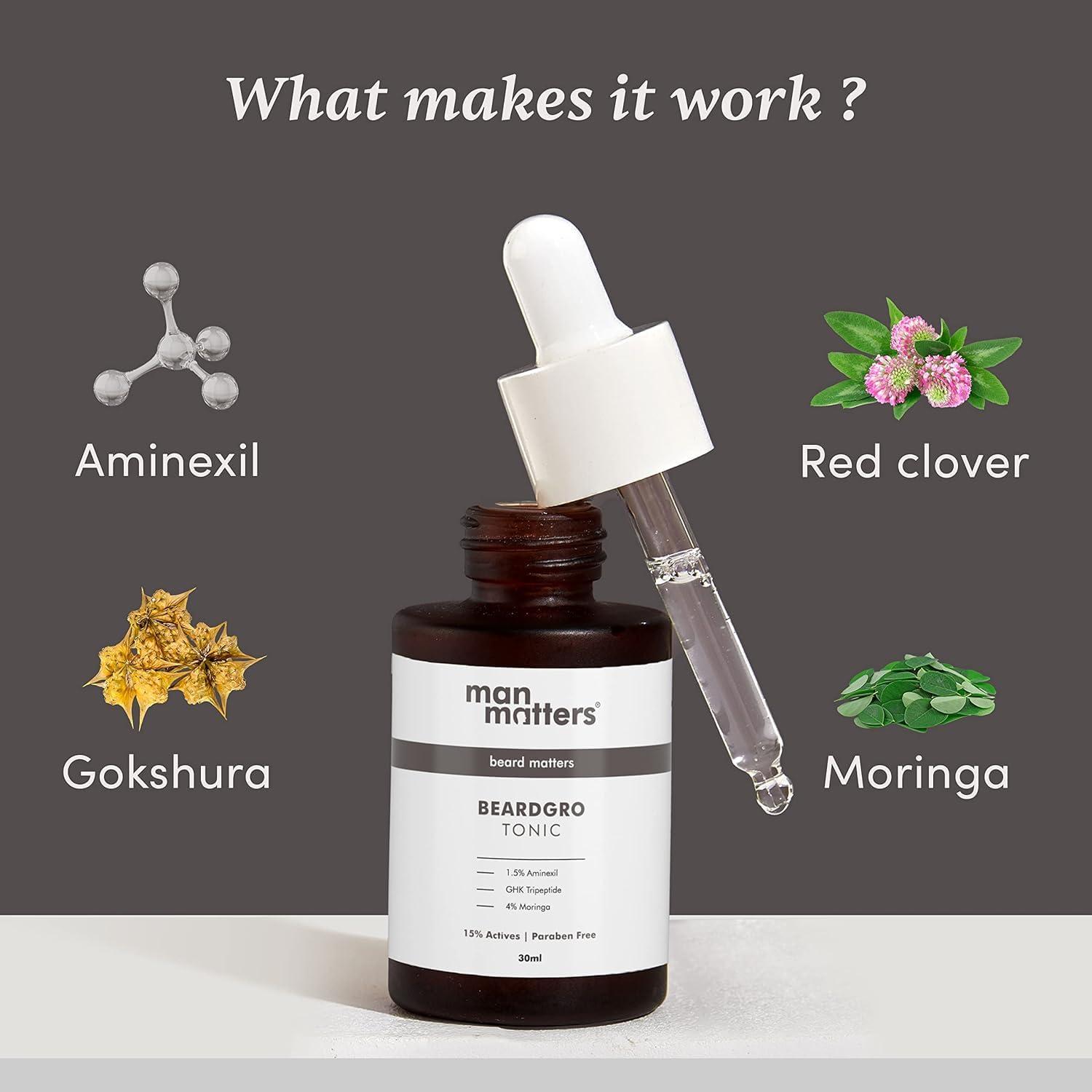 india Gamium BeardGro Beard Growth Tonic for Men 30ml | 1.5% Aminexil, 4% Moringa, 4% Goksura & 2% LashLD | Thicker beard growth, Softens Beard 1.01 Fl Oz (Pack Of 1)