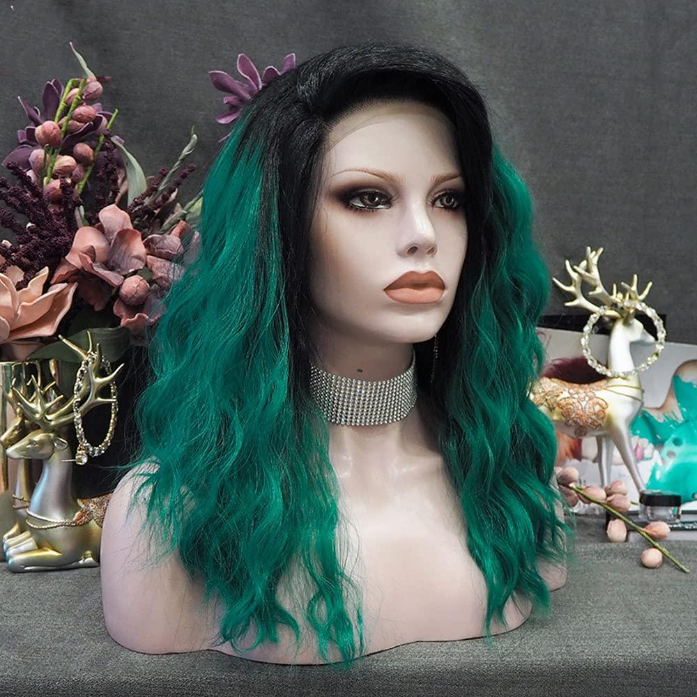 PAYNAN Green Wig Black Root Synthetic Lace Front Wig Wave Wigs Heat Resistant Fiber Cosplay Wig