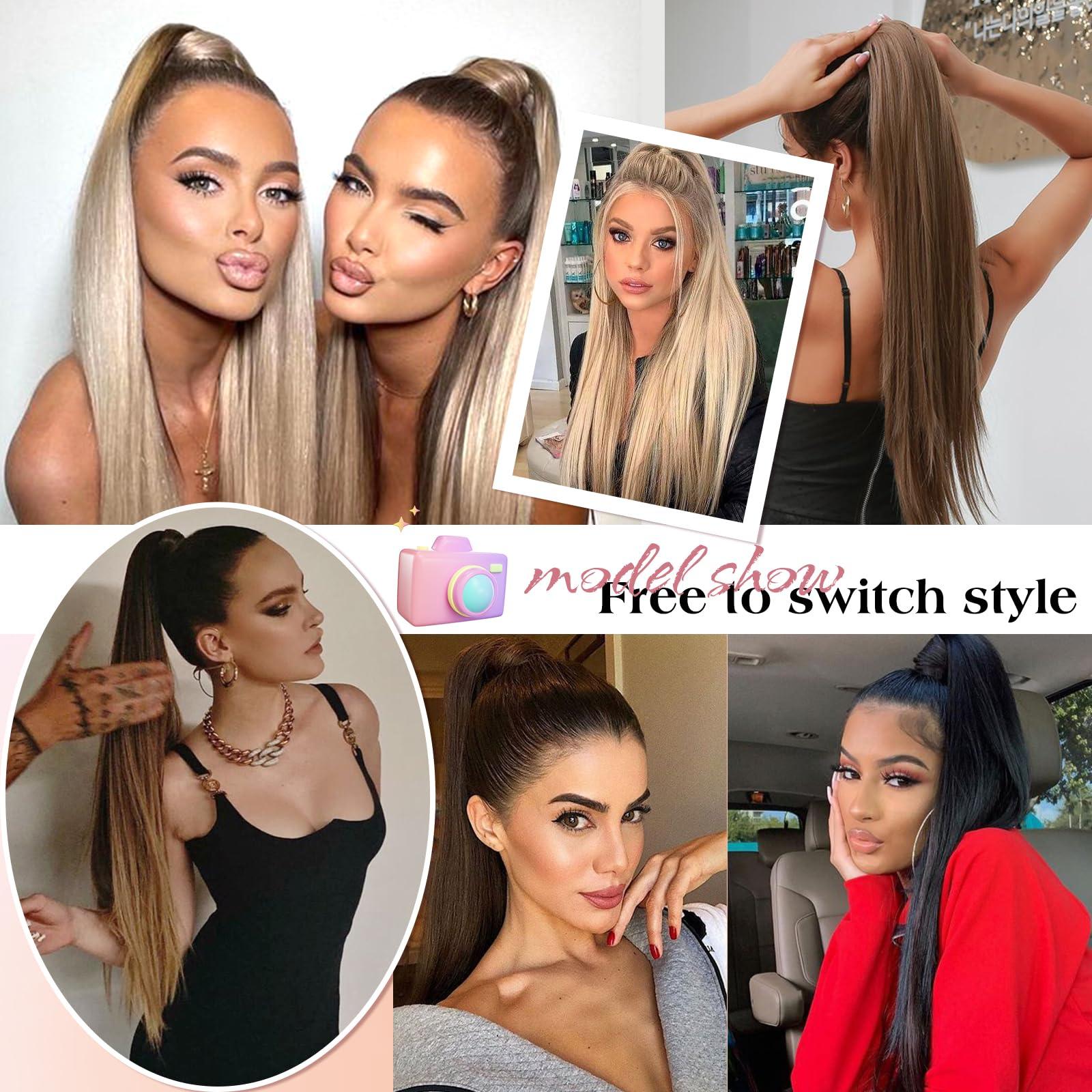 royaomis Royaomis Ponytail Extension Human Hair Extension - Velcro Wrap Around Long Straight Real Hair Pony Tail Extensions with Magic Paste