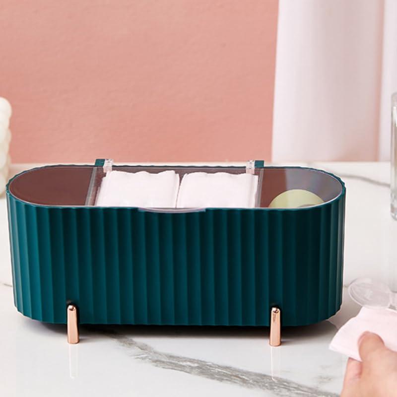 TITA-DONG Cosmetic Storage Box, Transparent Cover Bathroom Makeup Holder Rack, Cosmetic Display Cases, Dustproof Partition Storage PP PS Flexible Dividers Skin Care Organizer (Green)