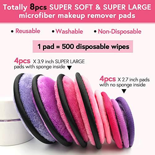 MARY LAVENDER Mary lavender Multifunctional Makeup Remover Pads for Face Eyes 8 Pack, Washable Reusable Face Cleansing Wipes Puff, Makeup Remover Cloth, Powder Puff, Cotton Pads Cotton Rounds Makeup Wipes