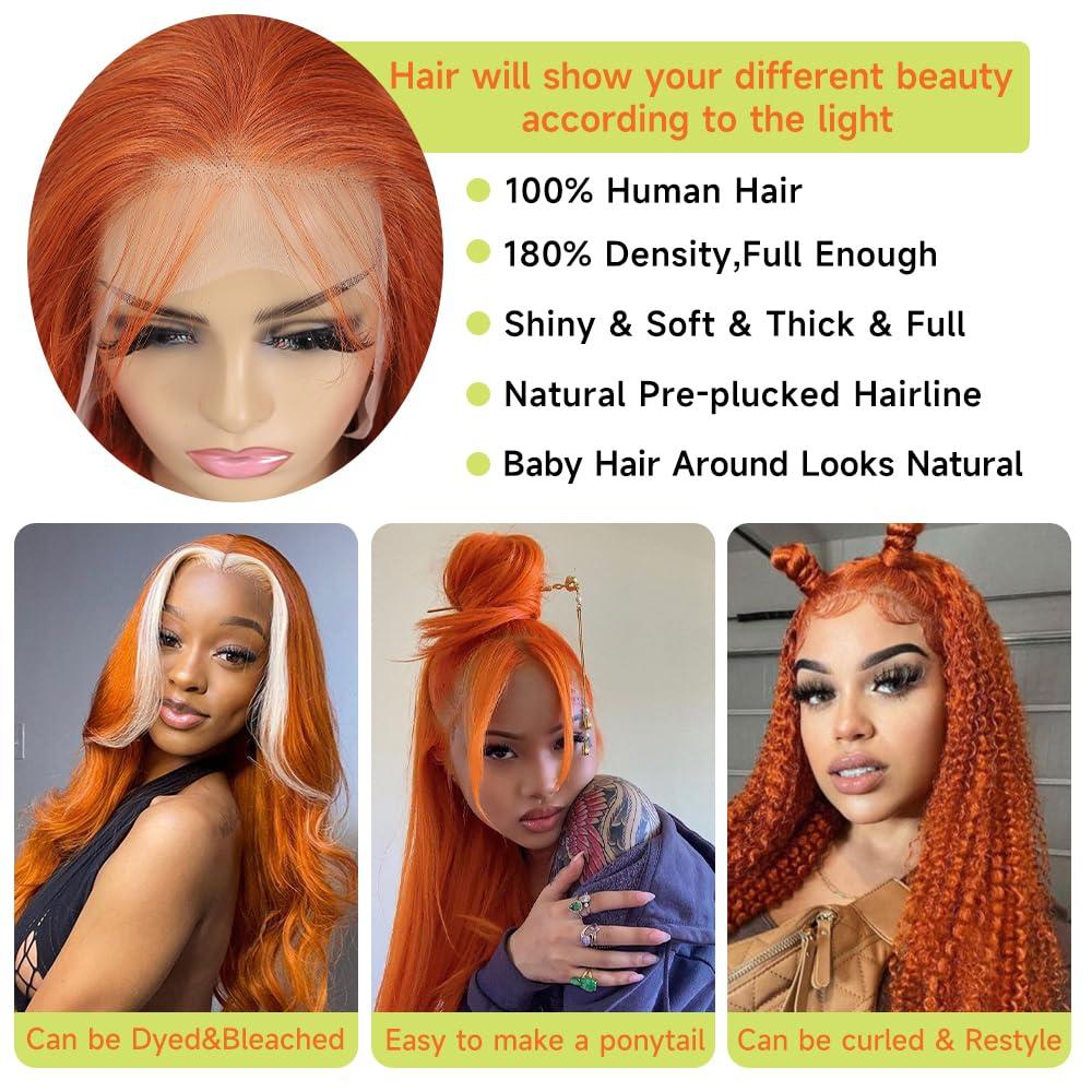 Hulimei Ginger Orange Lace Front Wigs Human Hair Pre Plucked Straight 13x4 HD Lace Frontal Human Hair Wigs Ginger Wig Lace Front Human Hair with Baby Hair 180% Density Ginger Human Hair Wig 22 Inch