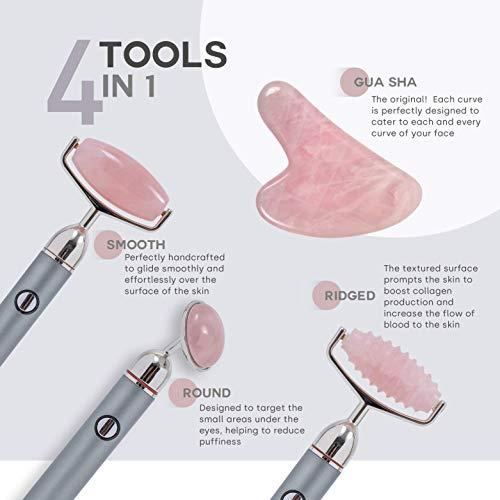 Mik Beauty Mik Beauty USB Rose Quartz Face Roller Massager - Vibrating Facial Roller and Gua Sha Set with Travel Bag - Jade Roller Kit for Eye, Neck, and Face