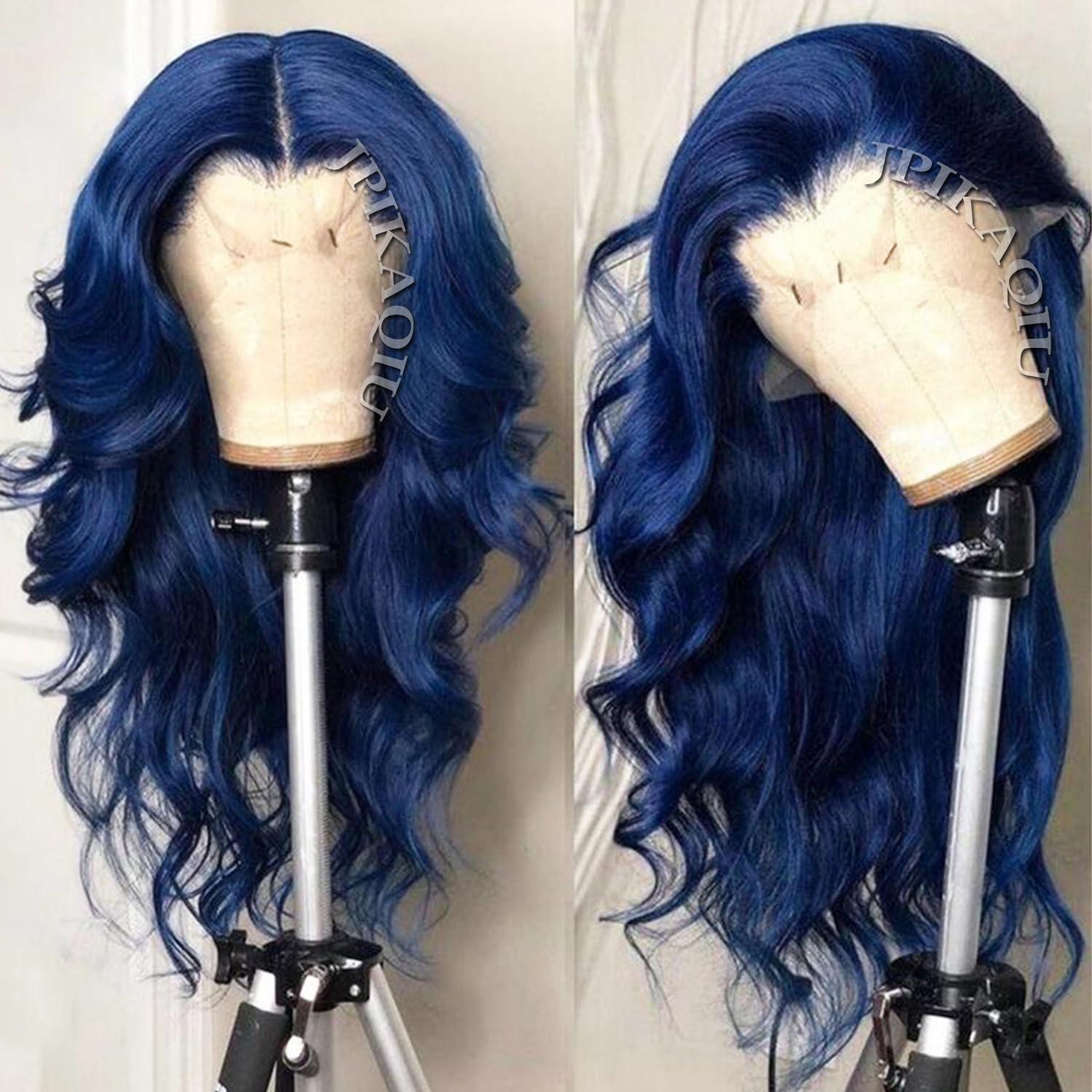JPIKAQIU JPIKAQIU 24 Inch Dark Blue Wig Blue Lace Front Wig Pre Plucked Long Body Wave 13x3 HD Lace Wig Glueless Navy Blue Colored Synthetic Lace Front Wigs For Fashion Women