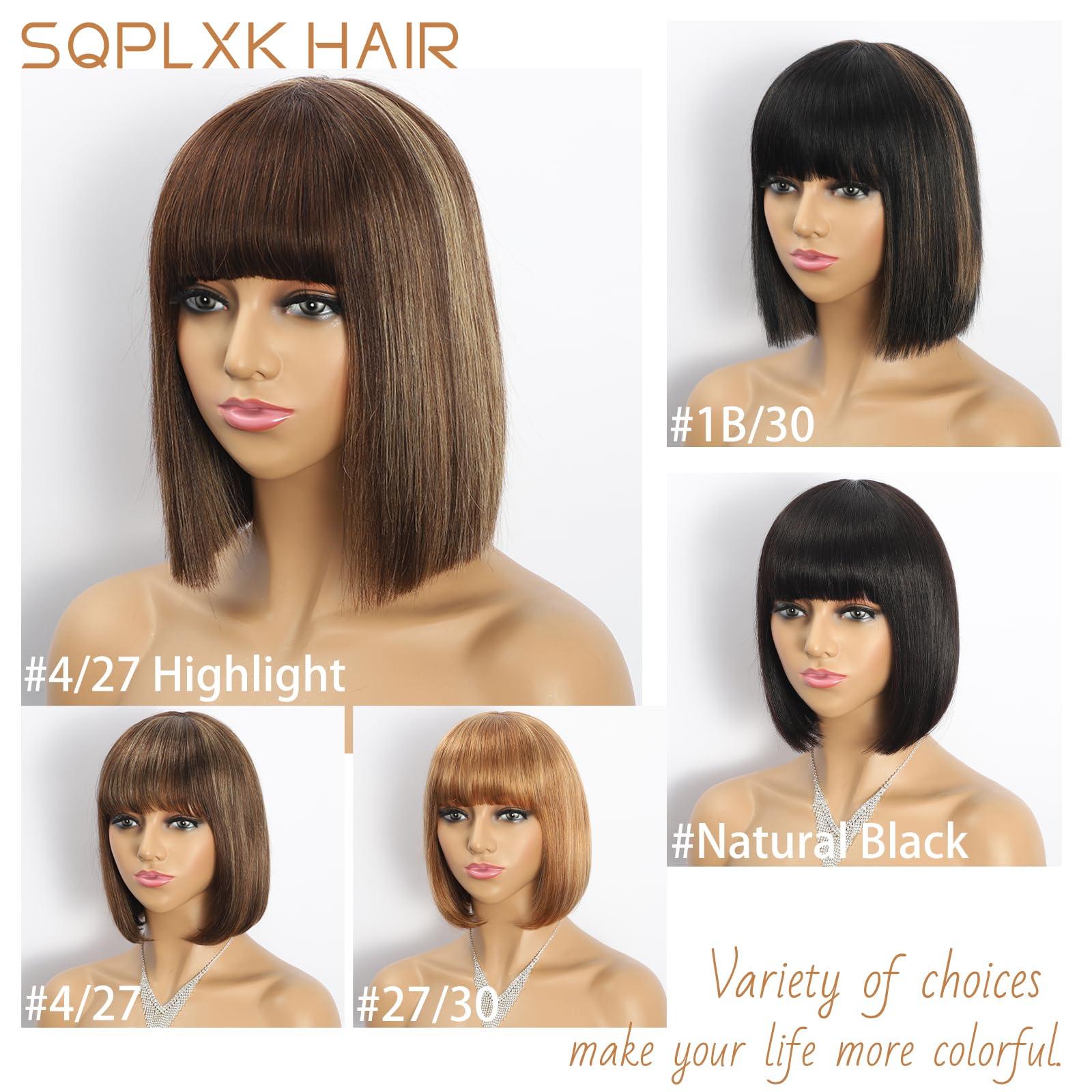 SQPLXK SQPLXK 4/27 Highlight Bob Wig with bangs Human Hair Glueless 2x1 HD Lace Coloured Bob Wig 180 Density Wear and Go Virgin Human Hair Machine Made Bob Wigs for Women 12 Inch