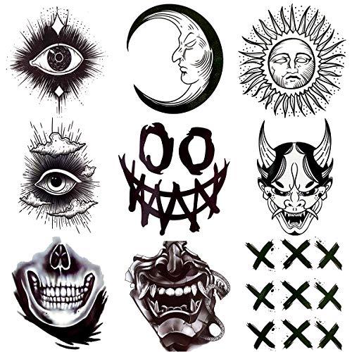 Oottati Oottati Waterproof 9 Sheets Back of Hand Fake Temporary Tattoo Stickers - Black Halloween Skull Horror Eye Devil Sun Moon Totem (Halloween)