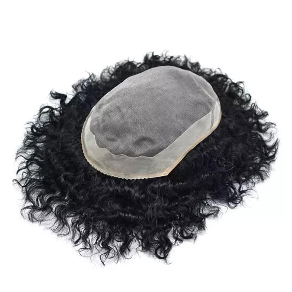 Generic Man Weave Hair Unit Black Men Afro African American Human Hair Toupee For Black Men Kinky Curly Mens Hair Pieces Durable Injection PU with Breathable Mens Hair Units (8\'\'*11\'\' 8mm-wave, 1B# OFF BLACK-110% light to medium density)