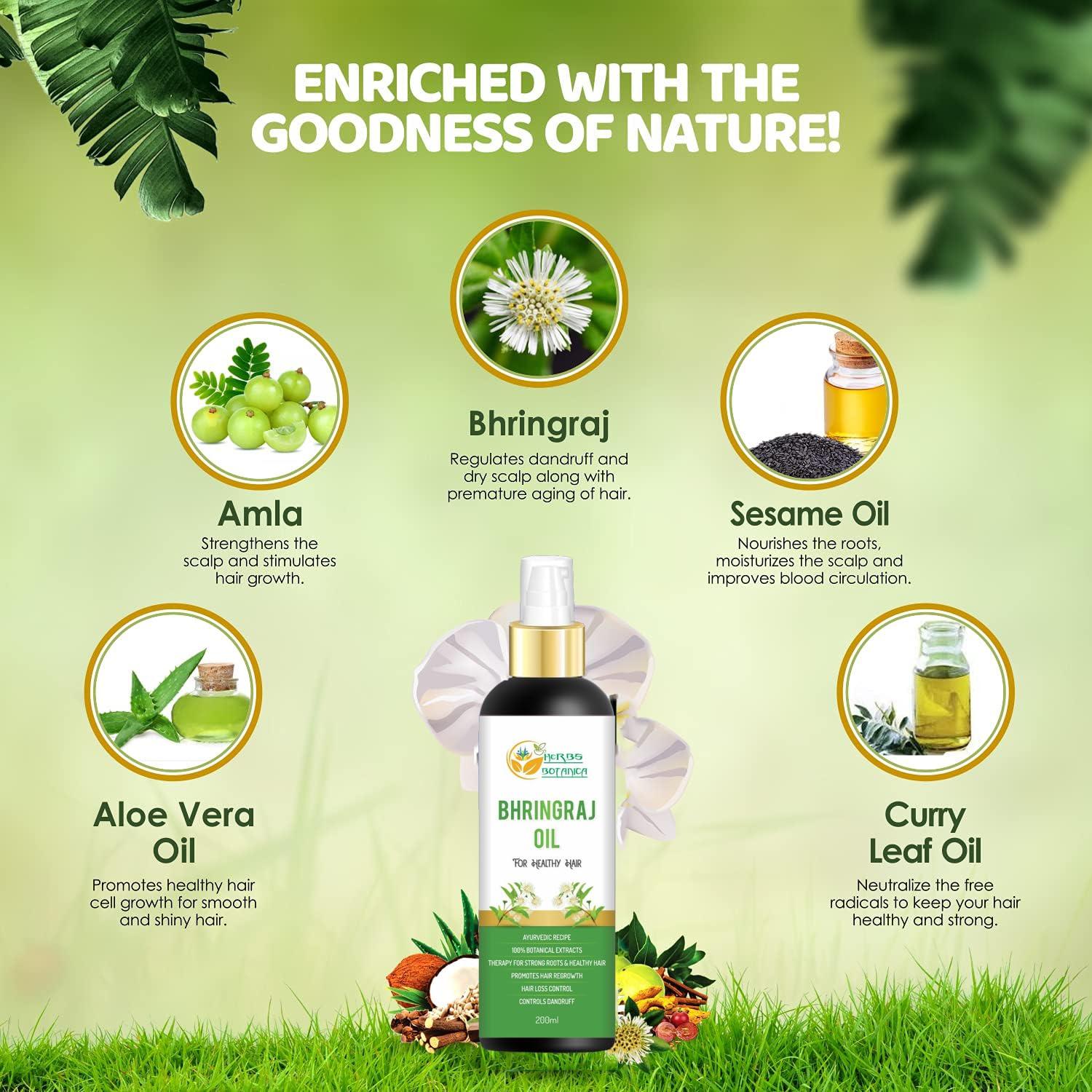 Herbs Botanica Herbs Botanica Bhringraj Oil for Hair Growth Organic Ayurvedic Herbal Hair Oil with Bhringraj, Amla, Aloe Vera, Sesame & Curry Leaf Reduces Hair Fall, No Silicones or Parabens 6.76 Fl Oz