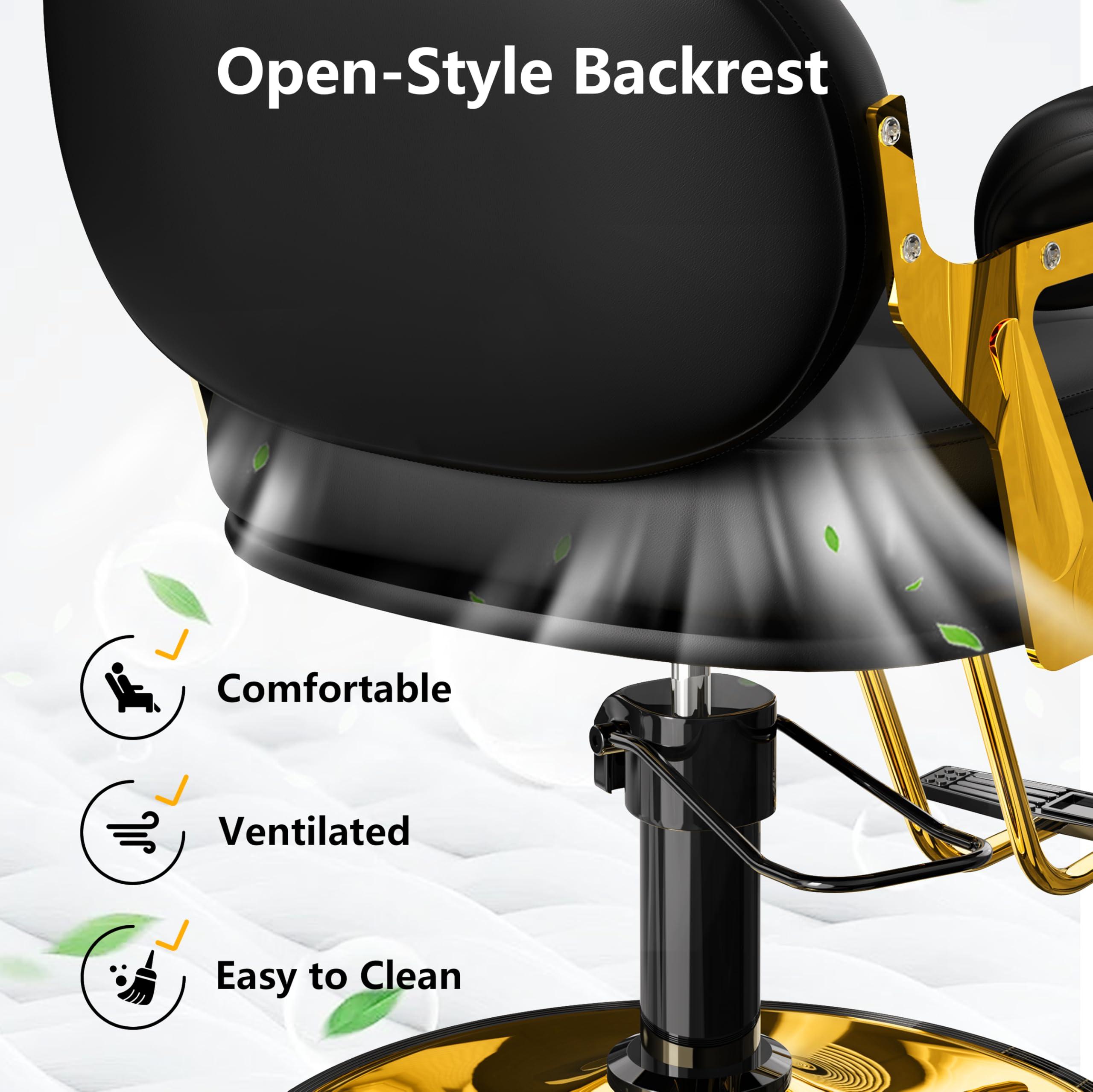 Baasha Baasha Comfortable Black and Gold Salon Chair with Memory Cushion, Professional Stylist Chairs with Wide Seat & Padded Armrest, 360 Swivel Styling Chairs, Weight Capacity Up to 440 lbs