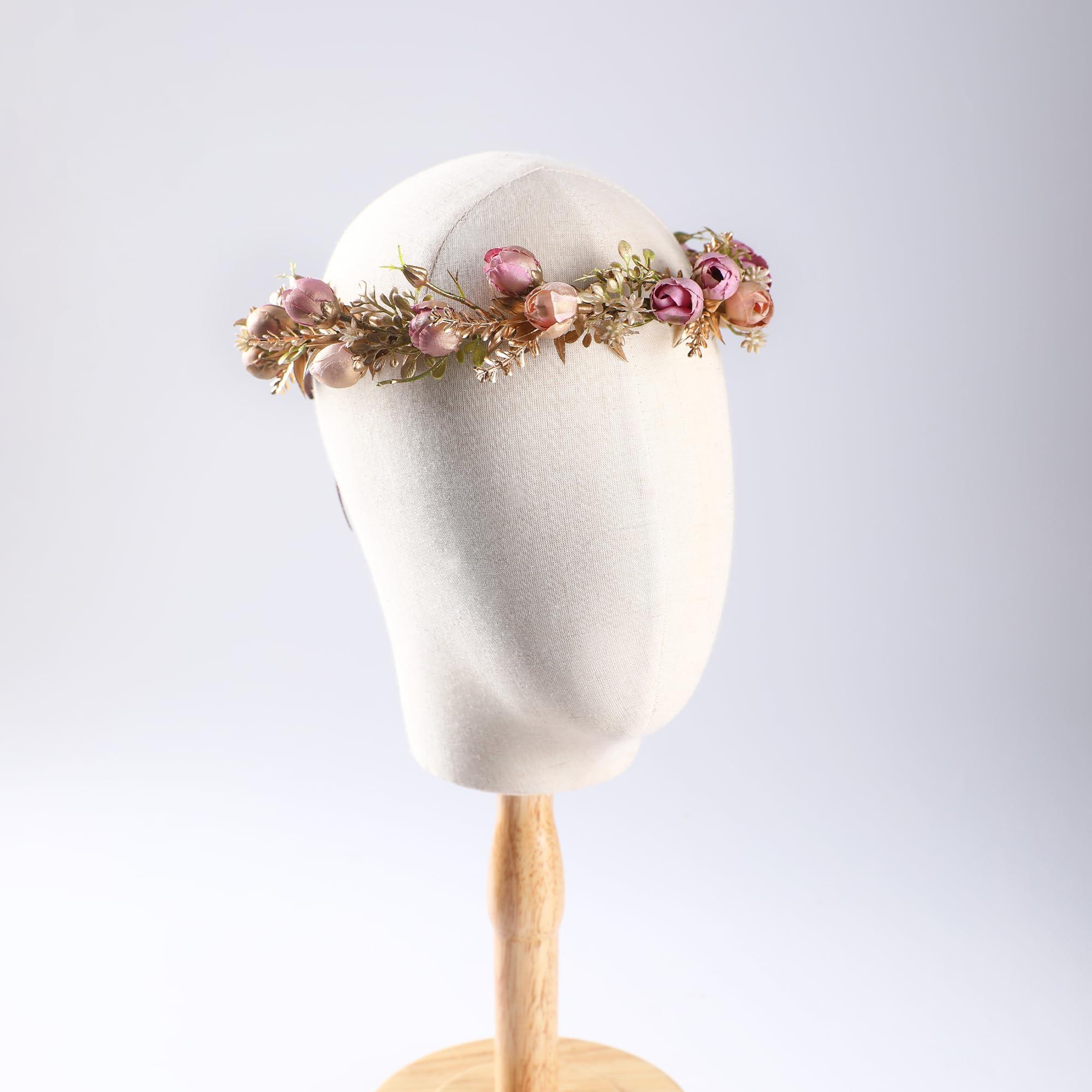 KorViSHOW KorViSHOW Boho Sweet Girl Flower Crown - Golden Leaf Purple Flower Headband for Weeding, Birthday Party, Cosplay, Dress Up, Masquerade