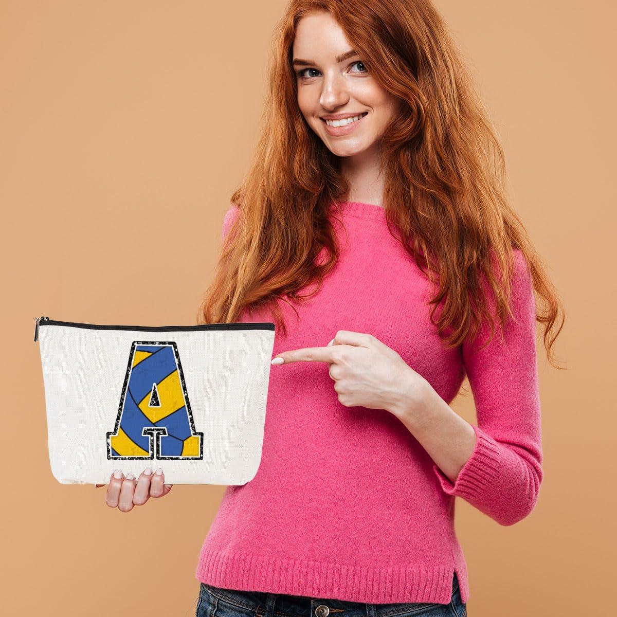 CQM Volleyball Gifts Initial Makeup Bag Monogrammed Cosmetic Bag Letter A Zipper Pouch Volleyball Accessories for Girls Women Volleyball Player Coach Friend Volleyball Stuff Graduation Birthday Gifts