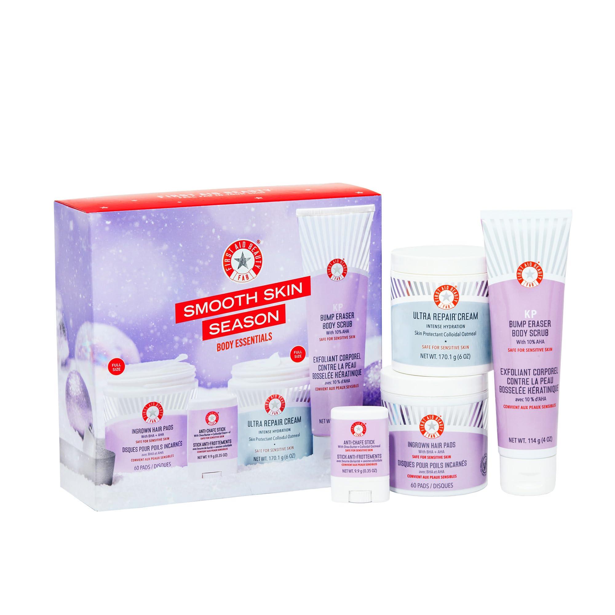 First Aid Beauty First Aid Beauty - Smooth Skin Season: KP Bump Eraser Body Scrub, 4oz, Ultra Repair Cream, 6oz, Anti-Chafe Stick, 0.35oz, Ingrown Hair Pads, 60 Pads, Deep Hydration & Exfoliating Body Essentials, 4ct