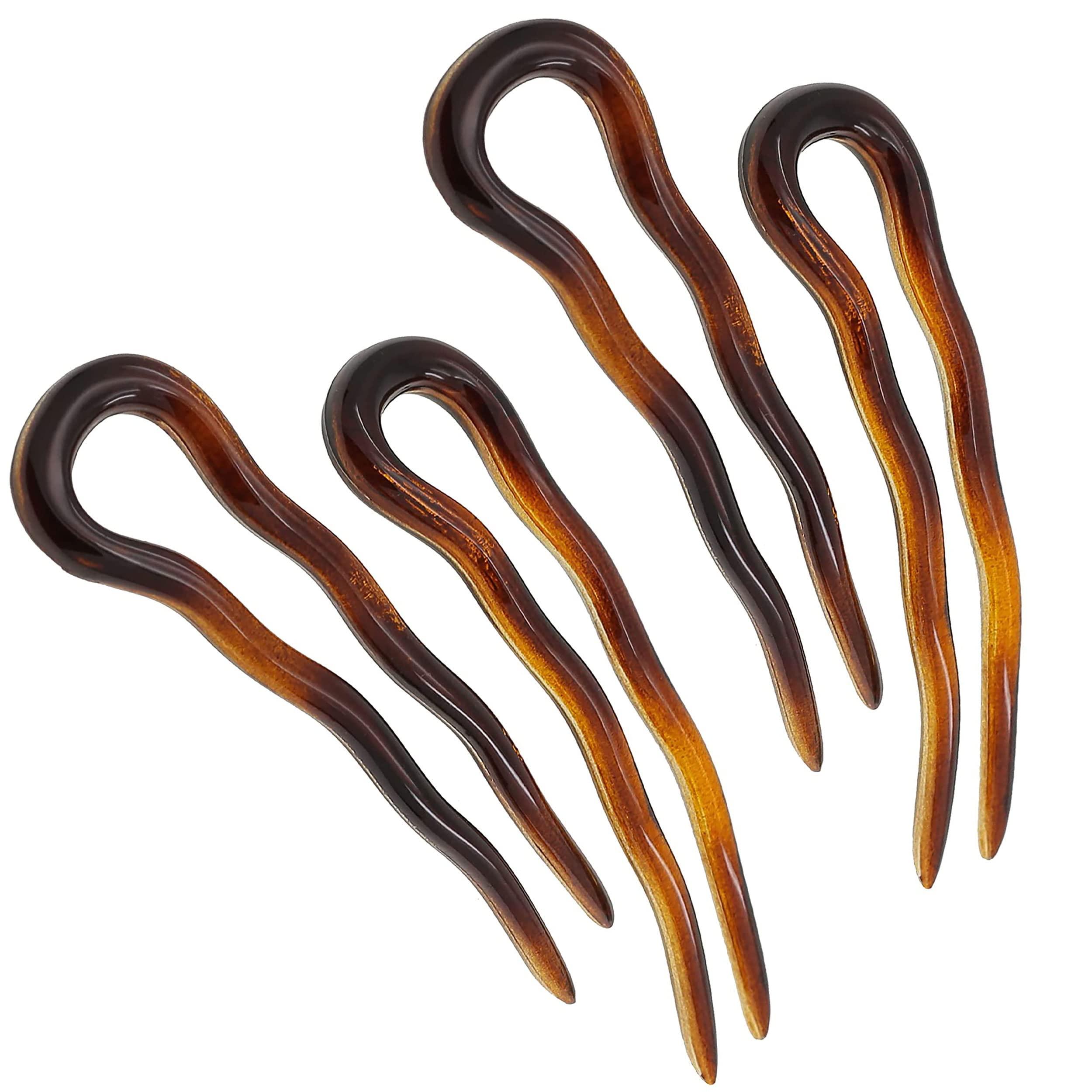 Camila Camila Paris AD823 French Twist Stick Hair Fork, 4 Small Wavy U Shaped Hair Pin Clip for Spiral Updo Bun, Tortoise Shell, Fashion Flexible Durable Styling Hair Accessories for Women, Made in France
