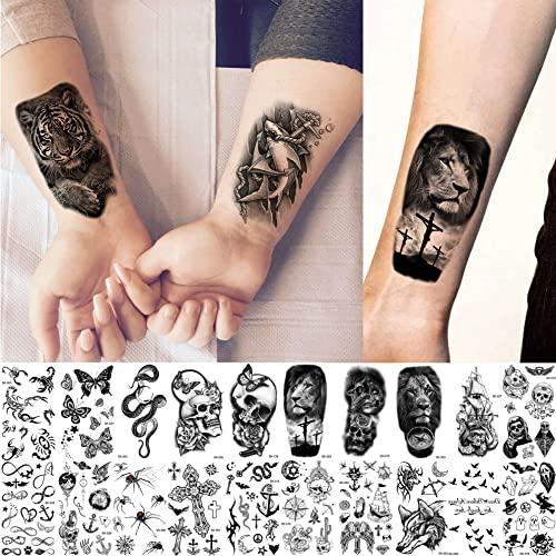 Bilizar Bilizar 48 Sheets 3D Small Temporary Tattoos For Kids Women Neck Girls Arm Boys, Temp Tiny Halloween Tattoo Stickers Men Spider Cross Scorpion Snake Tiger Lion, Flower Ghost Skull Fake Tatoos Acnhor