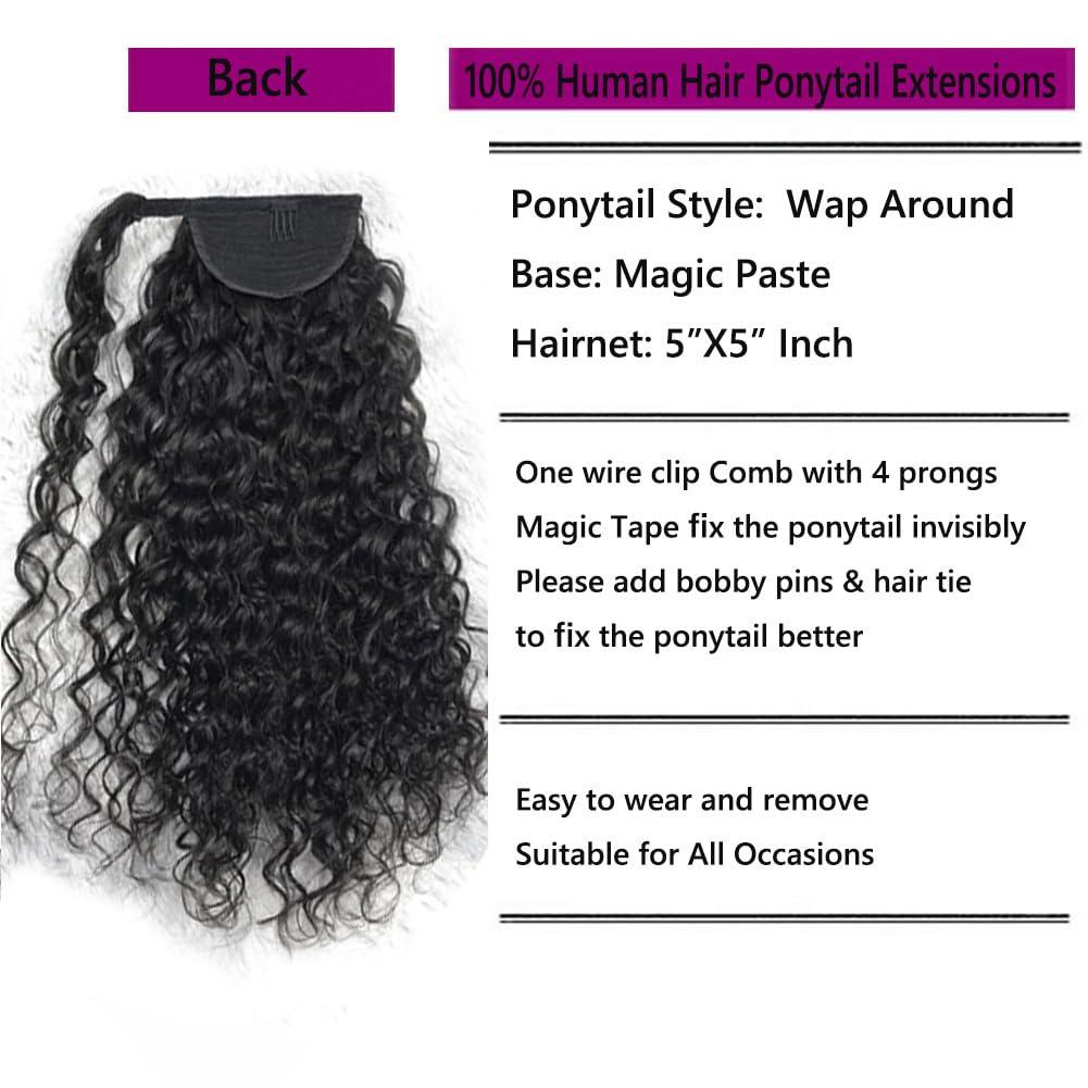 Kiss darling LASHES Drawstring Ponytail Extension Human Hair Water Wave Ponytail with Magic Paste Warp Around Wet & Wavy Curly Remy Hair Ponytail for Women 14inch 100g Natural Black