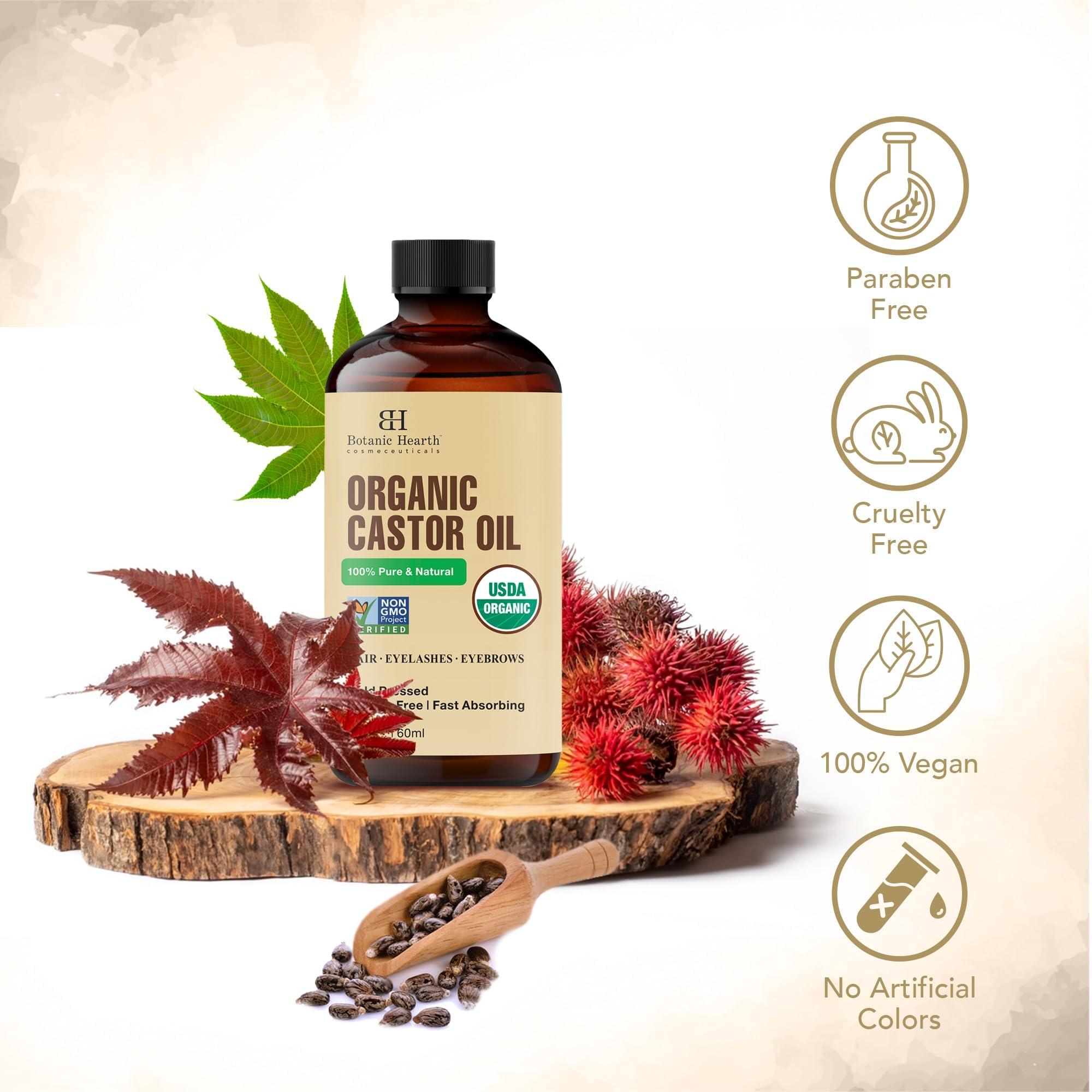 Botanic Hearth Botanic Hearth Castor Oil (2 fl oz) | USDA Certified Organic | 100% Pure & Hexane Free | Cold Pressed |Promotes Growth for Eyelashes, Eyebrows & Hair | Includes Eyebrow & Eyelash Brush