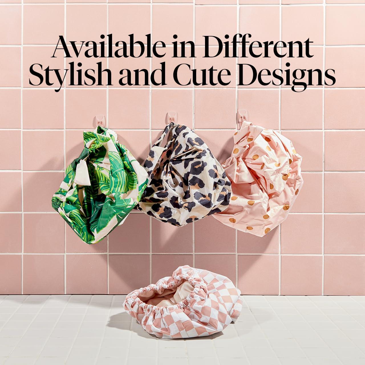 Kitsch Kitsch Luxury Shower Caps for Women Reusable Waterproof - Flexi Satin Lined, Large Shower Cap for Men, Non-slip, Quick-dry, Adjustable, Stylish Hair Cap for Long & Short Hair - Terracotta Checker